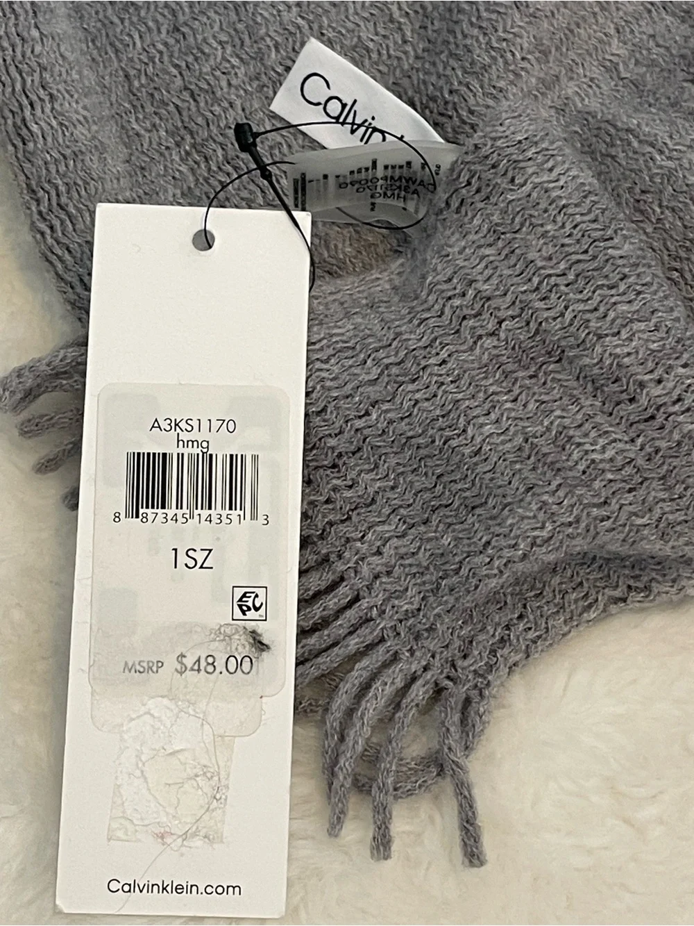 CALVIN KLEIN Logo Patch Scarf Heather Grey Solid Soft Long Oversize Fringe NWT